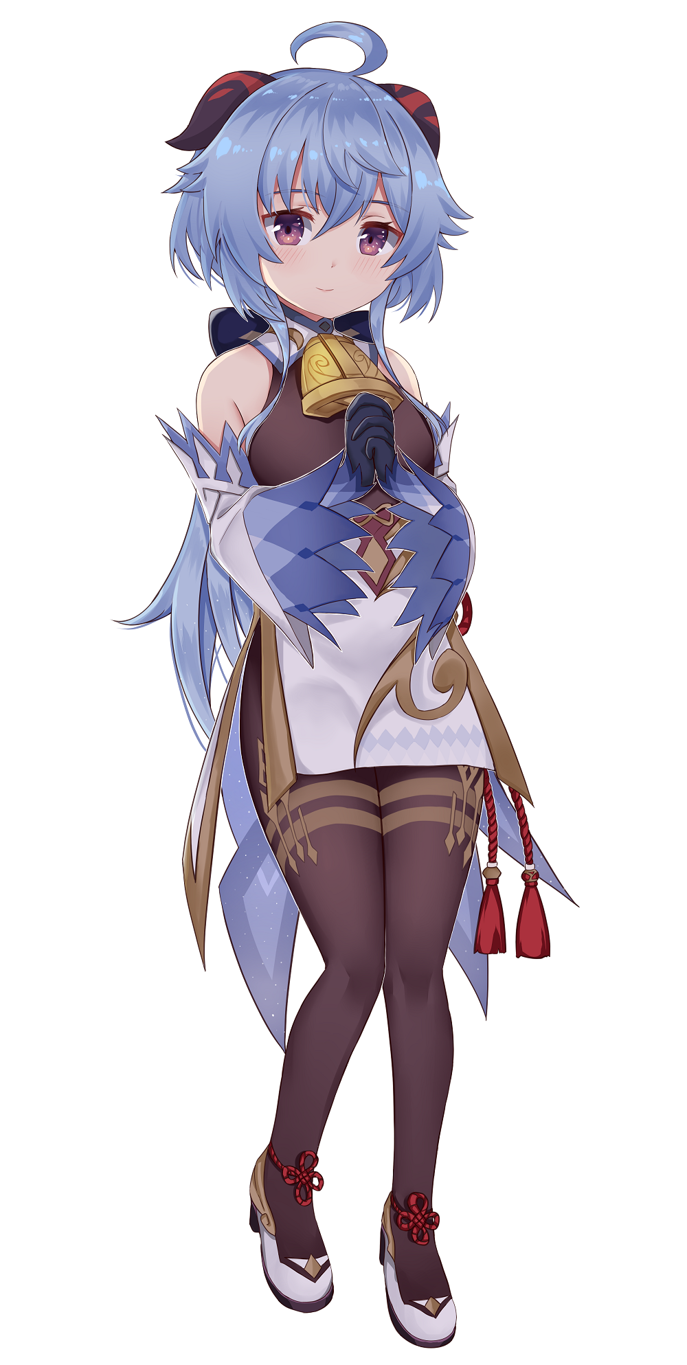 ahoge, arind_yudha, bangs, bare_shoulders, bell, black_gloves, black_legwear, blue_hair