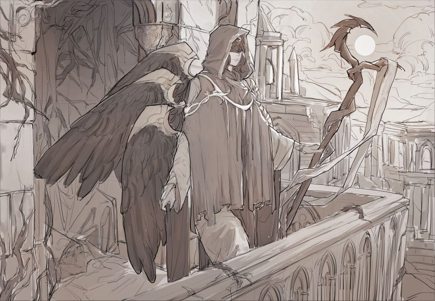 absurdres, angel, angel_wings, balcony, black_cloak, black_hair, black_robe, black_wings