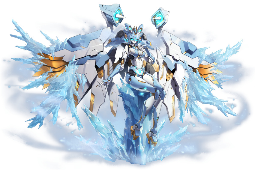 1girl, breasts, full_body, glacias_(last_origin), highres, humanoid_robot, ice, joints, last_origin, mar10, official_art, robot, robot_joints, solo, tachi-e, transparent_background, wings