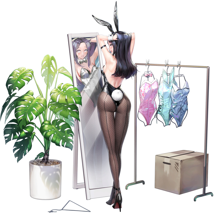 1girl, animal_ears, ass, black_bow, black_bowtie, black_hair, black_legwear, black_leotard