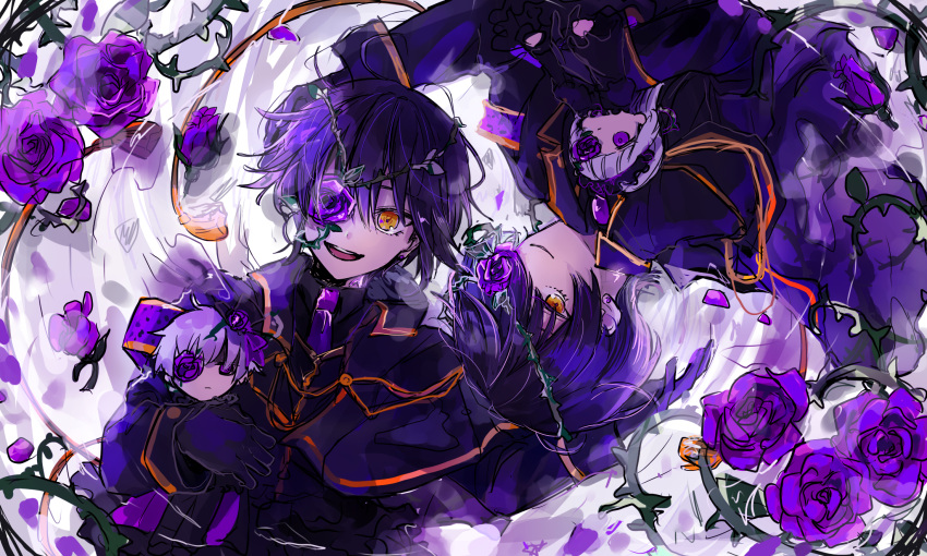 2boys, black_hair, eyepatch, flower, highres, looking_at_viewer, looking_up, lying