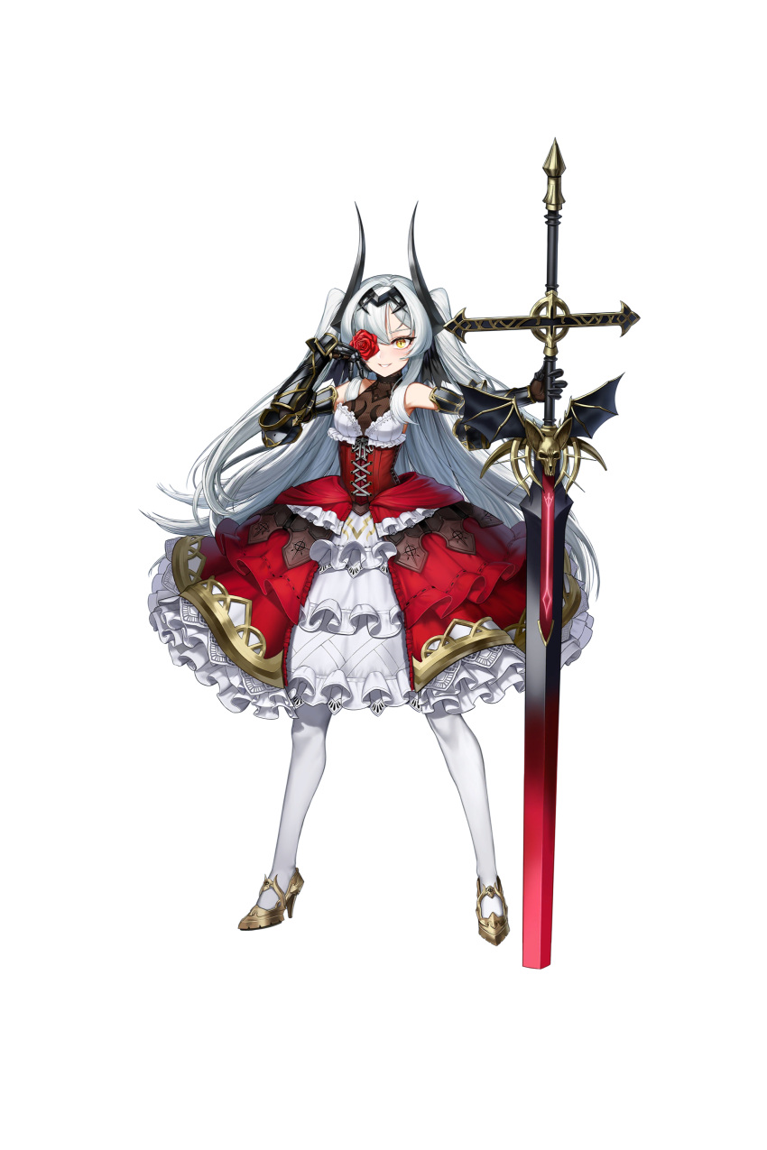 1girl, absurdres, bangs, blush, cyclops_princess_(last_origin), dress, eyepatch, full_body