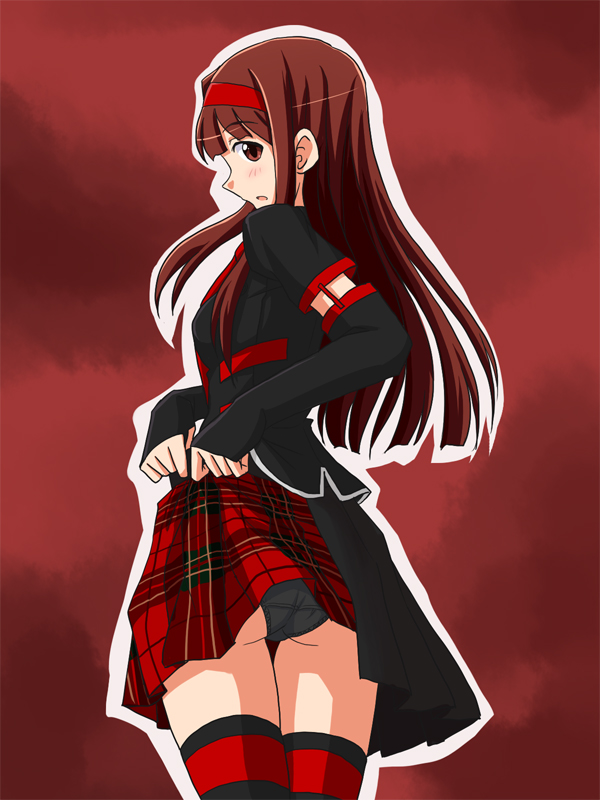 1girl, adjusting_skirt, bangs, black_blouse, black_panties, blouse, blush, brown_eyes