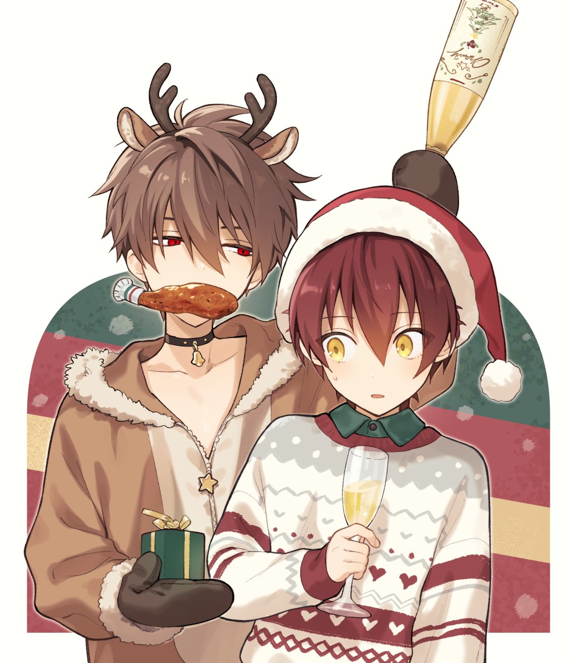 2boys, animal_ears, antlers, bangs, bell, black_choker, bottle, box
