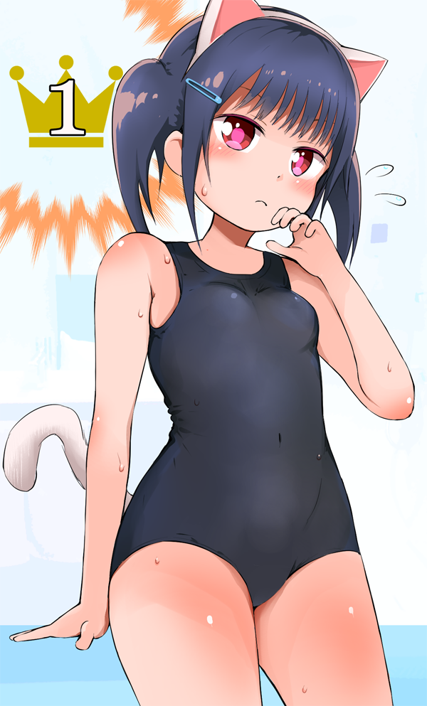 1girl, animal_ears, bangs, bare_arms, bare_shoulders, black_swimsuit, blue_hair, blush, breasts, cat_ears, cat_tail, closed_mouth, covered_navel, eyebrows_visible_through_hair, fake_animal_ears, flying_sweatdrops, fujisaka_lyric, hair_ornament, hairband, hairclip, hand_up, loli, nose_blush, one-piece_swimsuit, original, red_eyes, school_swimsuit, sidelocks, small_breasts, solo, swimsuit, tail, twintails, wet, white_hairband