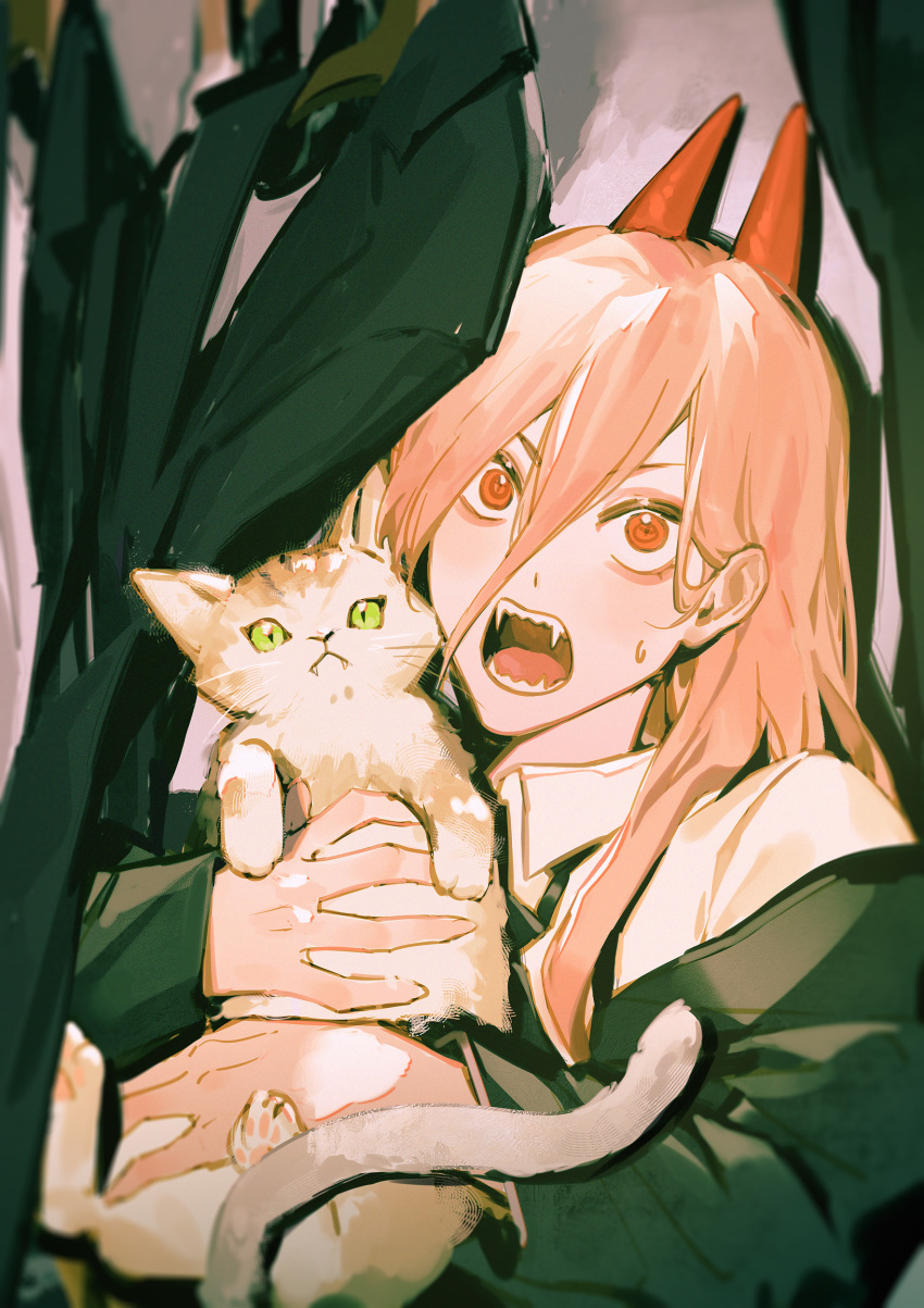 1girl, absurdres, animal, argentum_1121, cat, chainsaw_man, clothes_hanger, crosshair_pupils, demon_girl, fangs, green_eyes, hair_between_eyes, highres, holding, holding_animal, holding_cat, horns, open_mouth, power_(chainsaw_man), red_horns, shirt, sleeves_past_wrists, solo, sweatdrop, symbol-shaped_pupils, teeth, tongue, twitter_username, white_shirt