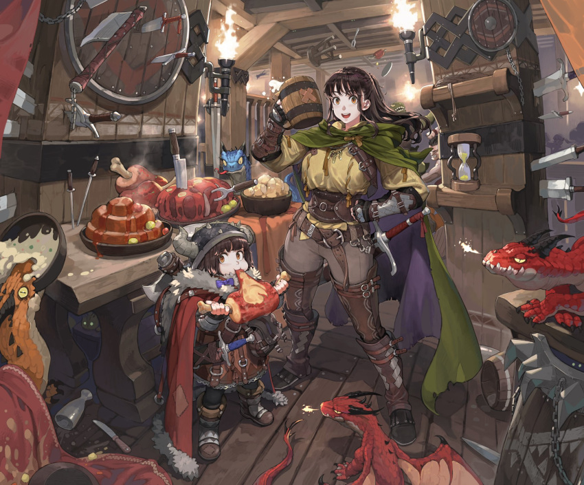 2girls, axe, barrel, belt, blue_bow, boned_meat, boots, bow
