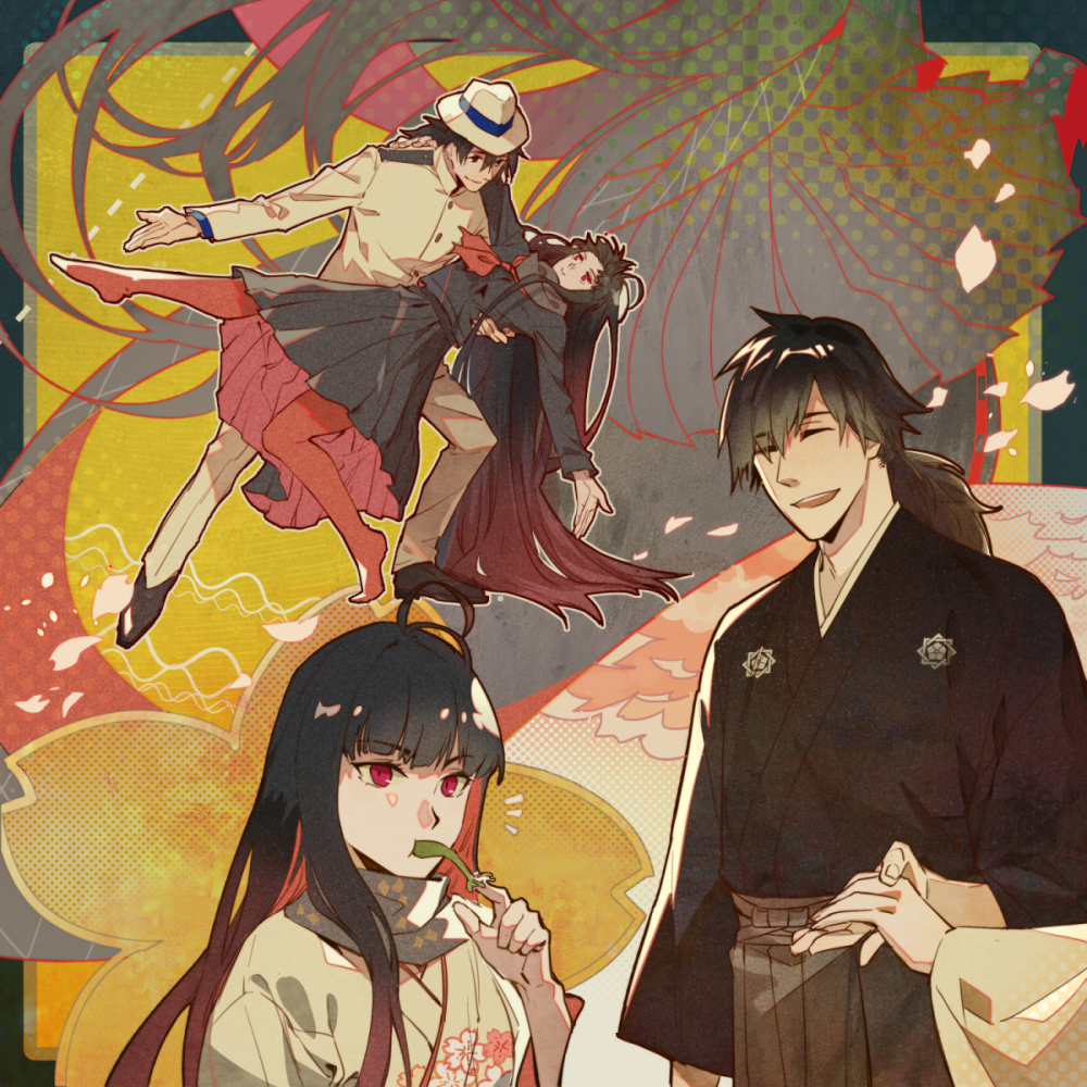 bangs, black_hair, dancing, fate/grand_order, fate_(series), gloves, hair_over_one_eye, hermithessa, japanese_clothes, long_hair, long_skirt, no_shoes, oryou_(fate), pleated_skirt, ponytail, red_eyes, red_legwear, sakamoto_ryouma_(fate), scarf, skirt, very_long_hair, white_gloves