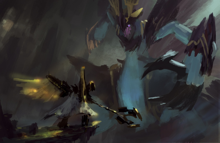 absurdres, alphamon_ouryuuken, artist_request, cape, creature, death-x-mon, digimon, digimon_(creature), digimon_chronicle, fighting, highres, mecha, no_humans, standing, sword, weapon, wings