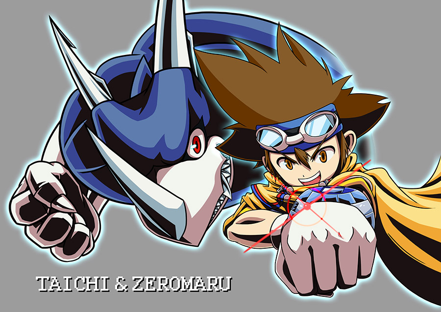 artist_request, brown_eyes, brown_hair, cape, claws, digimon, digimon_(creature), digimon_adventure_v-tamer_01, digivice, fangs, goggles, goggles_on_head, horns, looking_at_viewer, red_eyes, simple_background, smile, veedramon, yagami_taichi, yellow_cape, zeromaru_(digimon)