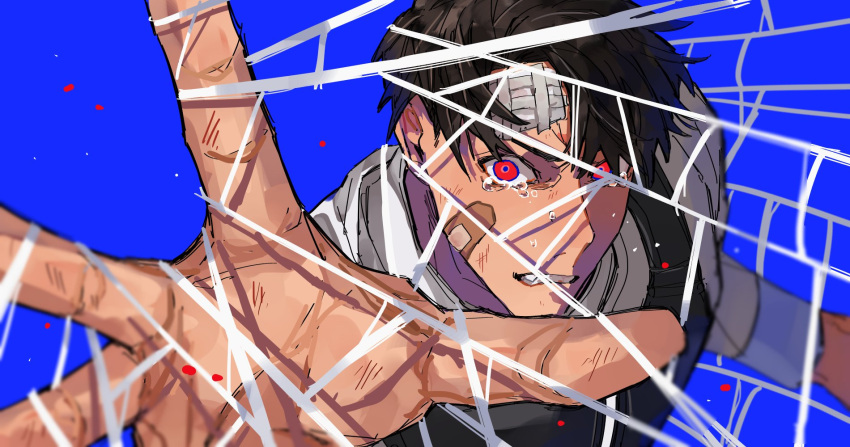 1boy, armor, bandage_on_face, bandages, bbbb_fex, black_hair, black_vest, blue_background