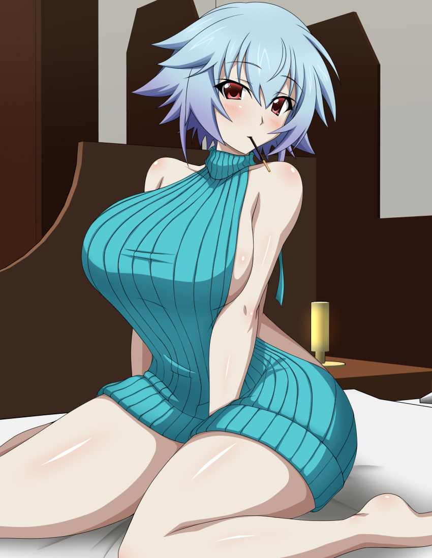 1girl, absurdres, blue_hair, blush, breasts, eyebrows_visible_through_hair, food, highres