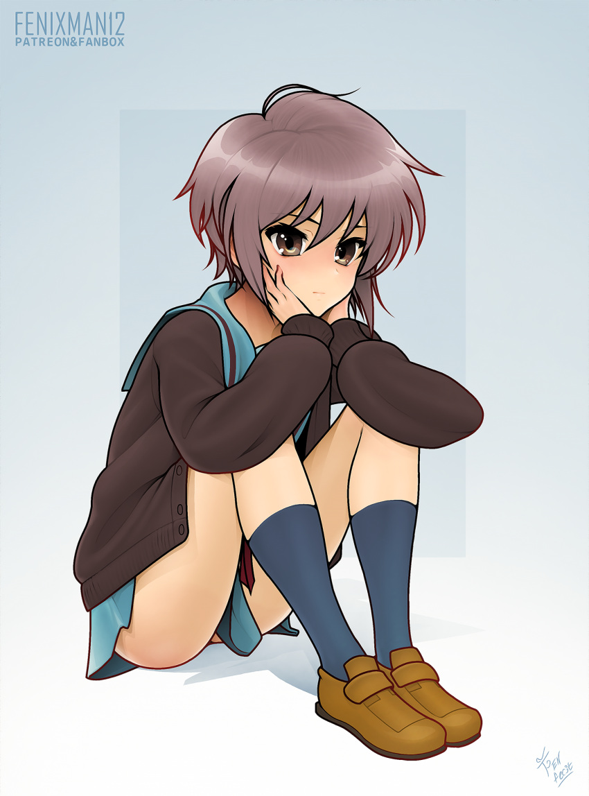 1girl, aqua_sailor_collar, aqua_skirt, artist_name, black_legwear, black_shirt, blush, brown_eyes