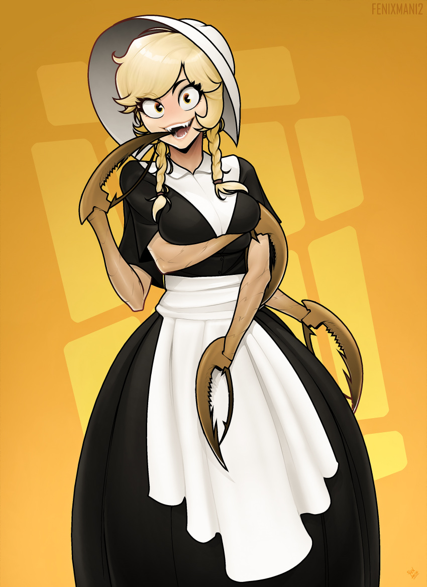 1girl, absurdres, apron, arm_under_breasts, arthropod_girl, black_dress, blonde_hair, braid