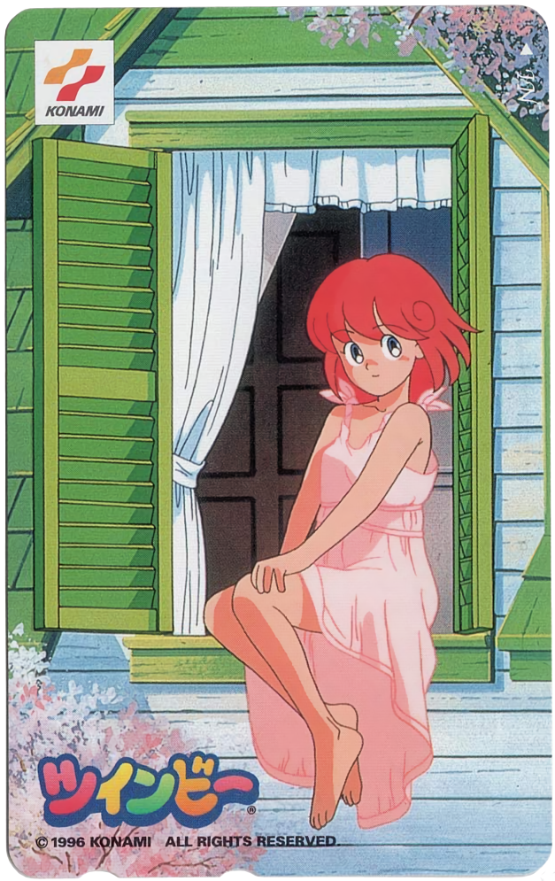 1990s_(style), 1996, 1girl, bangs, barefoot, blue_eyes, card_(medium), copyright