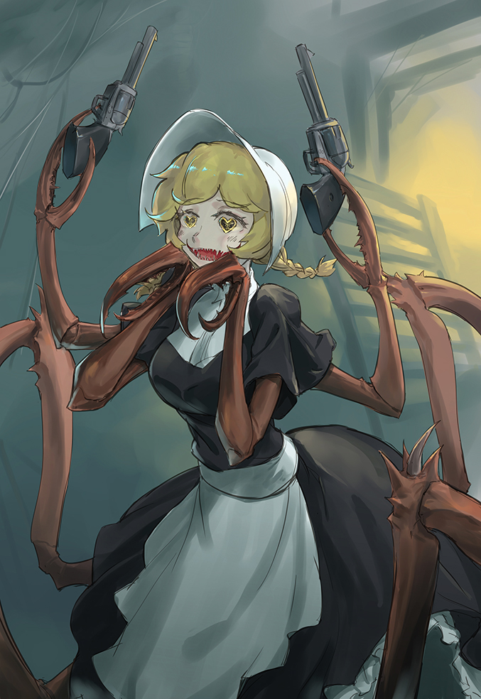 1girl, apron, arthropod_girl, bangs, black_dress, blonde_hair, cliffside, cordie, dress, gun, hands_up, hat, heart, heart_eyes, holding, holding_gun, holding_weapon, long_hair, monster_girl, open_mouth, pd_(seripanda), shadow, sharp_teeth, short_sleeves, smile, solo, spider_girl, teeth, twintails, weapon, white_apron, white_headwear, yellow_eyes