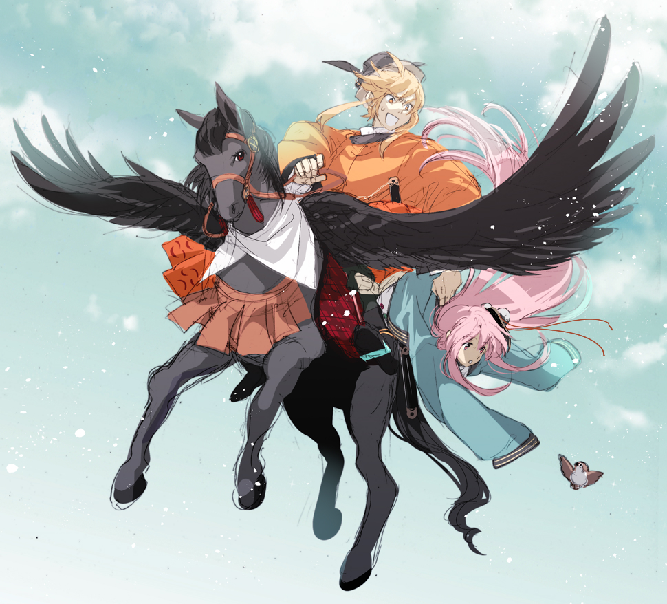 2girls, animal, bandana, bird, black_headwear, black_wings, blonde_hair, eyebrows_visible_through_hair