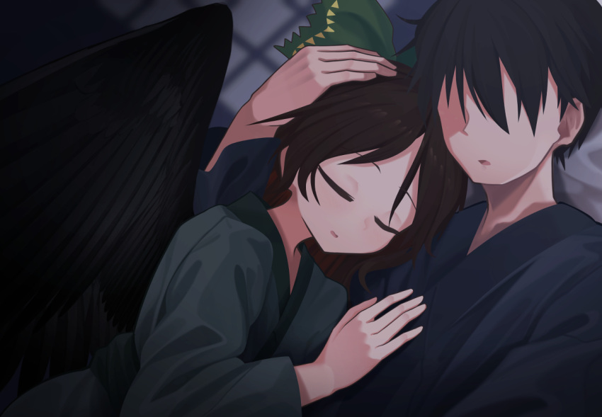 1boy, 1girl, akaiha_(akaihasugk), alternate_costume, alternate_hairstyle, bird_wings, black_hair, black_wings