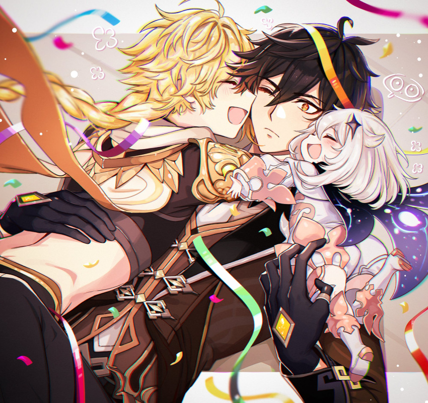 2boys, aether_(genshin_impact), ahoge, bangs, birthday, black_gloves, black_hair, boots