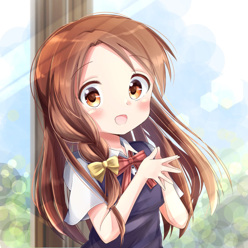 1girl, :d, blue_eyes, braid, brown_hair, eyebrows_visible_through_hair, hair_ornament, highres