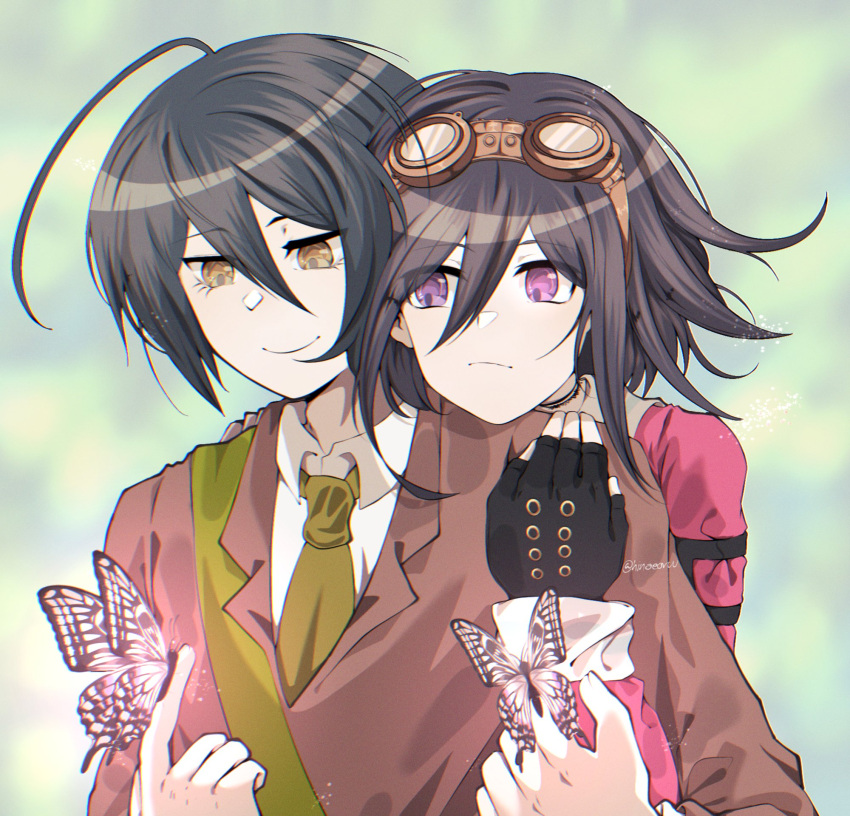2boys, bangs, black_choker, black_gloves, black_hair, blue_hair, brown_jacket, bug, butterfly, choker, closed_mouth, cosplay, danganronpa_(series), danganronpa_v3:_killing_harmony, eyebrows_visible_through_hair, fingerless_gloves, formal, gloves, goggles, goggles_on_head, gokuhara_gonta, gokuhara_gonta_(cosplay), hair_between_eyes, highres, holding, hug, hug_from_behind, iruma_miu, iruma_miu_(cosplay), jacket, kimika(hinaeoruu), long_sleeves, medium_hair, multiple_boys, necktie, ouma_kokichi, pink_shirt, saihara_shuuichi, sailor_collar, sailor_shirt, shirt, short_hair, simple_background, smile, suit, suit_jacket, violet_eyes