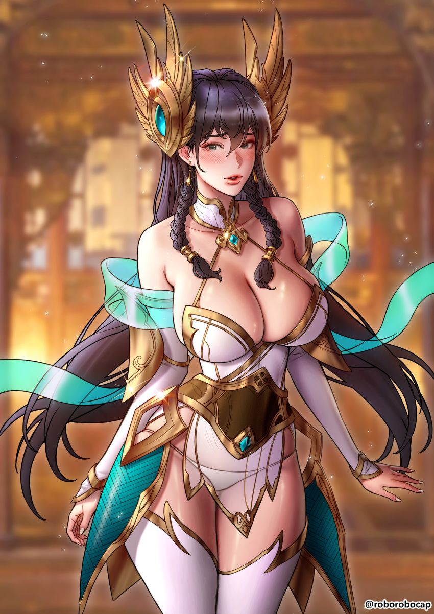 1girl, absurdres, bangs, bare_shoulders, black_hair, blue_eyes, blush, braid, breasts, choker, collarbone, contrapposto, cowboy_shot, detached_sleeves, dress, earrings, eyebrows_visible_through_hair, fantasy, french_braid, gem, gold, hair_between_eyes, halter_dress, halterneck, headgear, highres, irelia, jewelry, large_breasts, league_of_legends, lips, long_hair, long_sleeves, looking_at_viewer, nose_blush, panties, parted_lips, pelvic_curtain, revealing_clothes, robocap, sash, see-through, skindentation, solo, string_panties, thigh-highs, thighs, twin_braids, twitter_username, underwear, very_long_hair, white_choker, white_dress, white_legwear, white_nails, white_panties, white_sleeves