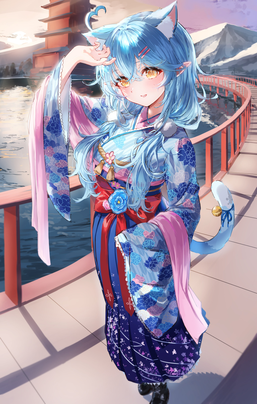 1girl, absurdres, ahoge, animal_ear_fluff, animal_ears, bangs, blue_hair, blue_kimono