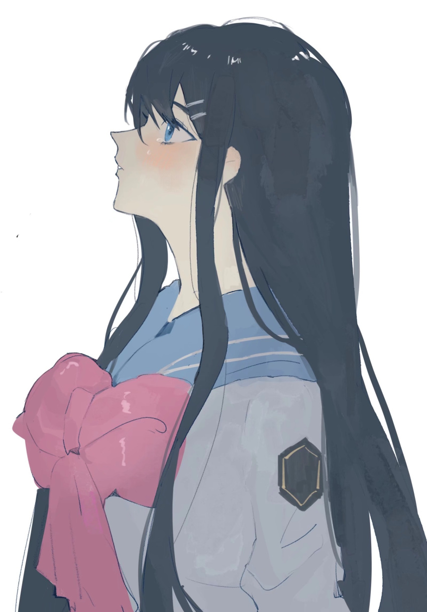 1girl, bangs, black_hair, blue_eyes, blue_hair, blue_sailor_collar, blush, bow, bowtie, commentary_request, danganronpa:_trigger_happy_havoc, danganronpa_(series), from_side, grey_shirt, hair_ornament, hairclip, highres, long_hair, looking_up, maizono_sayaka, parted_lips, pink_bow, pink_bowtie, sailor_collar, school_uniform, shi_xu_jiu_zhou, shirt, simple_background, smile, solo, teeth, upper_body, white_background