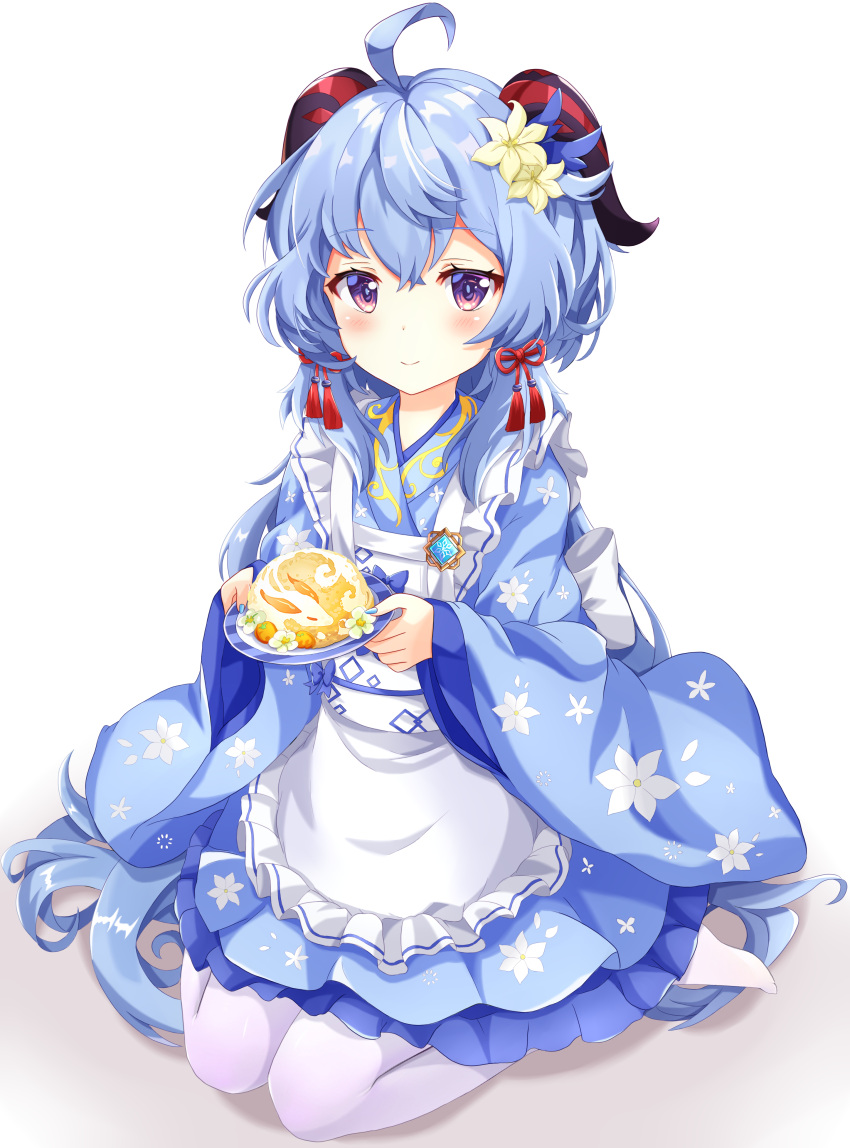 1girl, absurdres, ahoge, alternate_costume, apron, bangs, blue_hair, blue_kimono