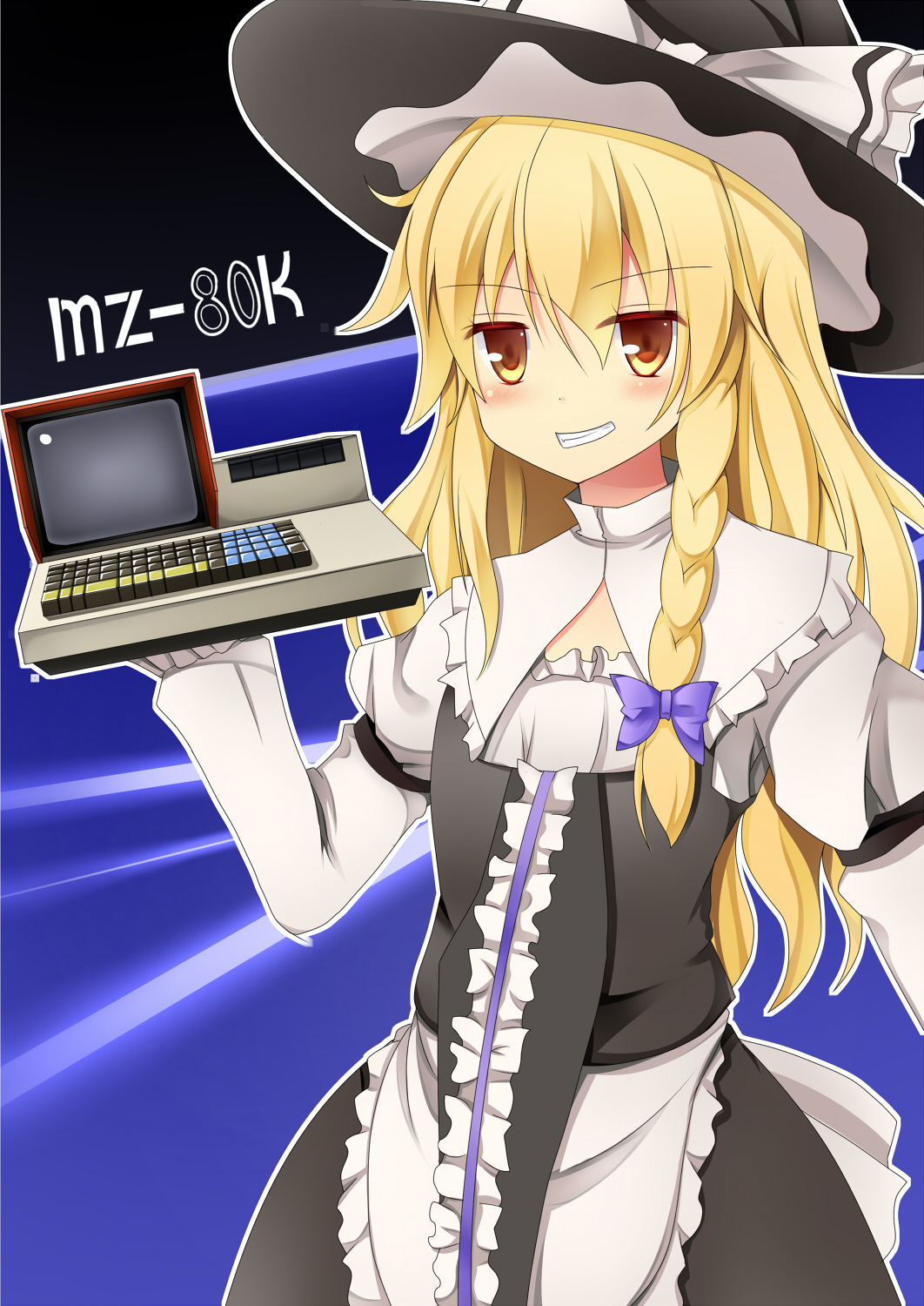 1girl, apron, bangs, black_headwear, black_skirt, black_vest, blonde_hair, blush, bow, brown_hair, commentary_request, computer, cookie_(touhou), cowboy_shot, eyebrows_visible_through_hair, flat_chest, frilled_apron, frills, grin, hair_bow, hat, hat_bow, highres, holding, kirisame_marisa, long_hair, long_sleeves, looking_at_viewer, mars_(cookie), mz-80k, namesake, purple_bow, sharp_corporation, skirt, smile, solo, szk, touhou, vest, waist_apron, white_apron, witch_hat