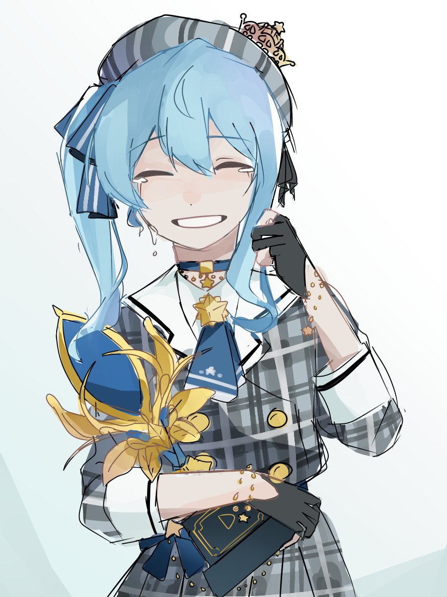 1girl, beret, blue_neckwear, bow, closed_eyes, crying, eyebrows_visible_through_hair, grin