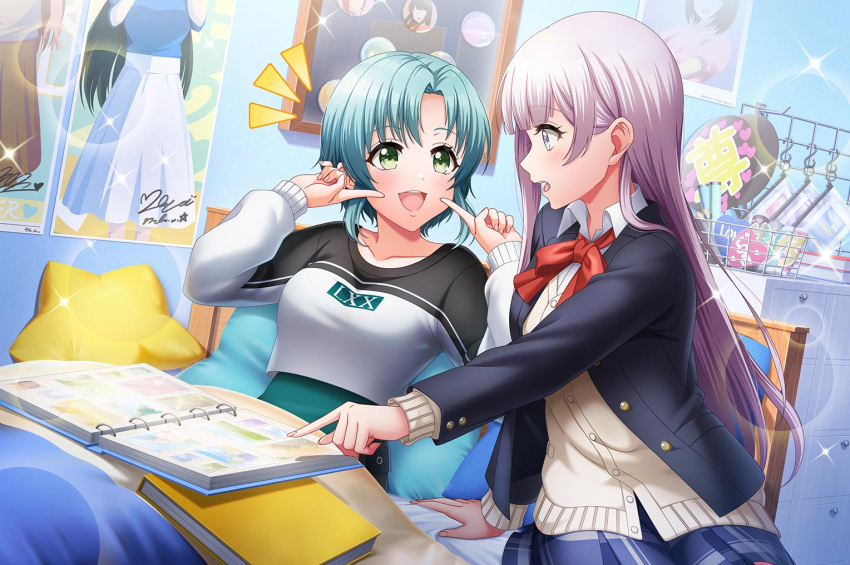 2girls, blush, d4dj, dress, green_eyes, green_hair, grey_eyes, grey_hair