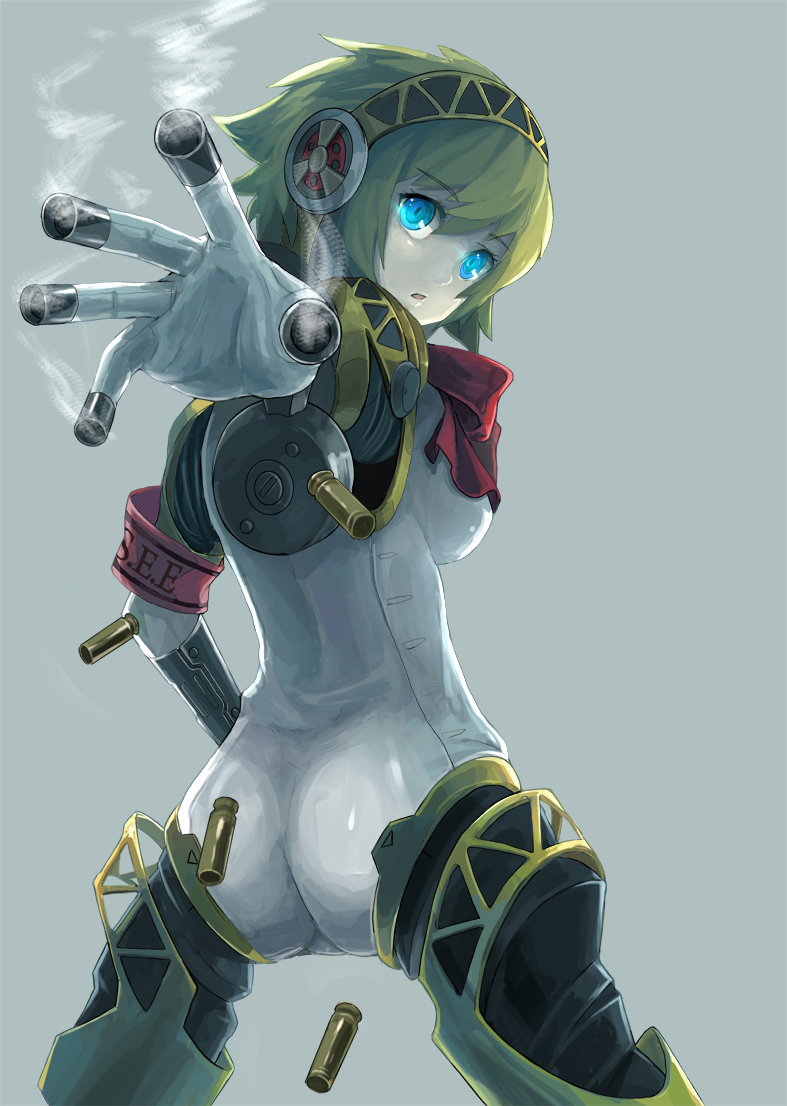 ass, blonde_hair, blue_eyes, bullet, casing_ejection, firing, from_behind, gun