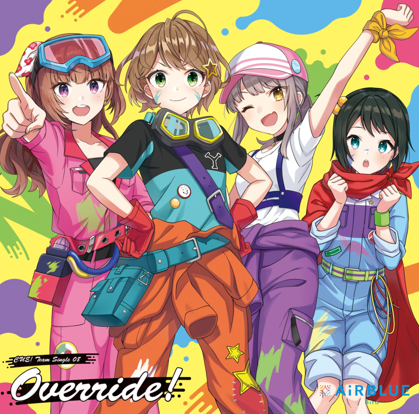 4girls, ahoge, akagawa_chisa, album_cover, bag, brown_hair, cover, cue!