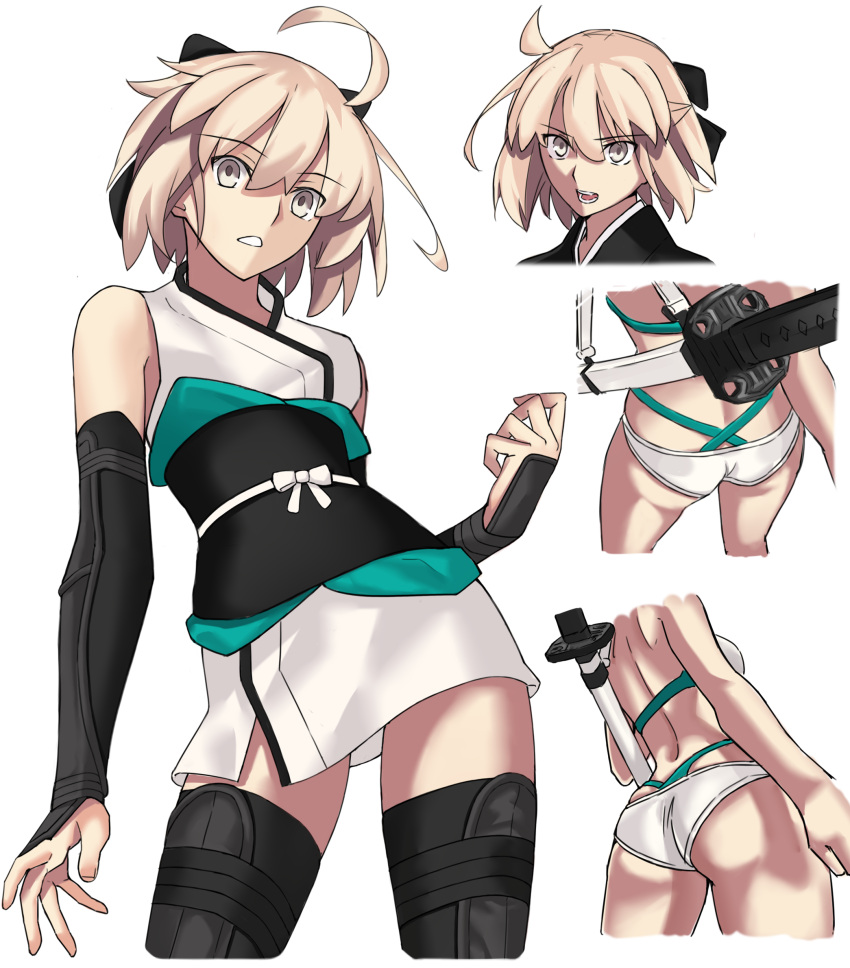 1girl, ahoge, aqua_bow, arm_guards, ass, back, bangs, bare_shoulders, bikini, black_bow, blonde_hair, bow, breasts, contrapposto, detached_sleeves, fate/grand_order, fate_(series), hair_bow, half_updo, highleg, highleg_bikini, highres, japanese_clothes, katana, kimono, koha-ace, looking_at_viewer, medium_breasts, multi-strapped_bikini, multiple_views, obi, okita_j._souji_(fate), okita_souji_(fate), okita_souji_(koha/ace), sash, short_hair, short_kimono, sleeveless, sleeveless_kimono, swimsuit, sword, thighs, weapon, white_bikini, white_kimono, yellow_eyes, yuchio