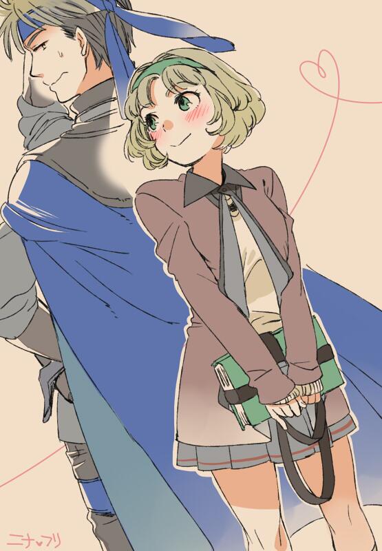 1boy, 1girl, bandana, black_hair, blonde_hair, blush, brown_hair, cape