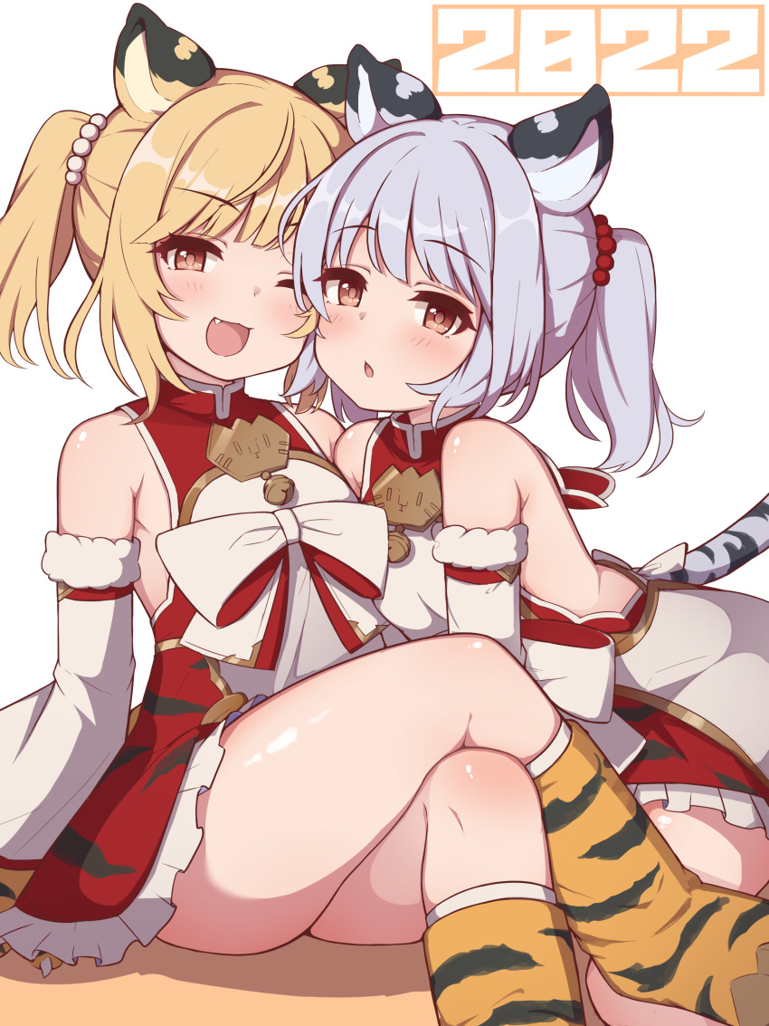 2022, 2girls, absurdres, animal_ears, animal_hands, bangs, bare_shoulders, blonde_hair