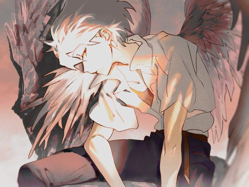 1boy, angel, angel_wings, belt, collarbone, eyebrows_visible_through_hair, feathered_wings, fishcoooo