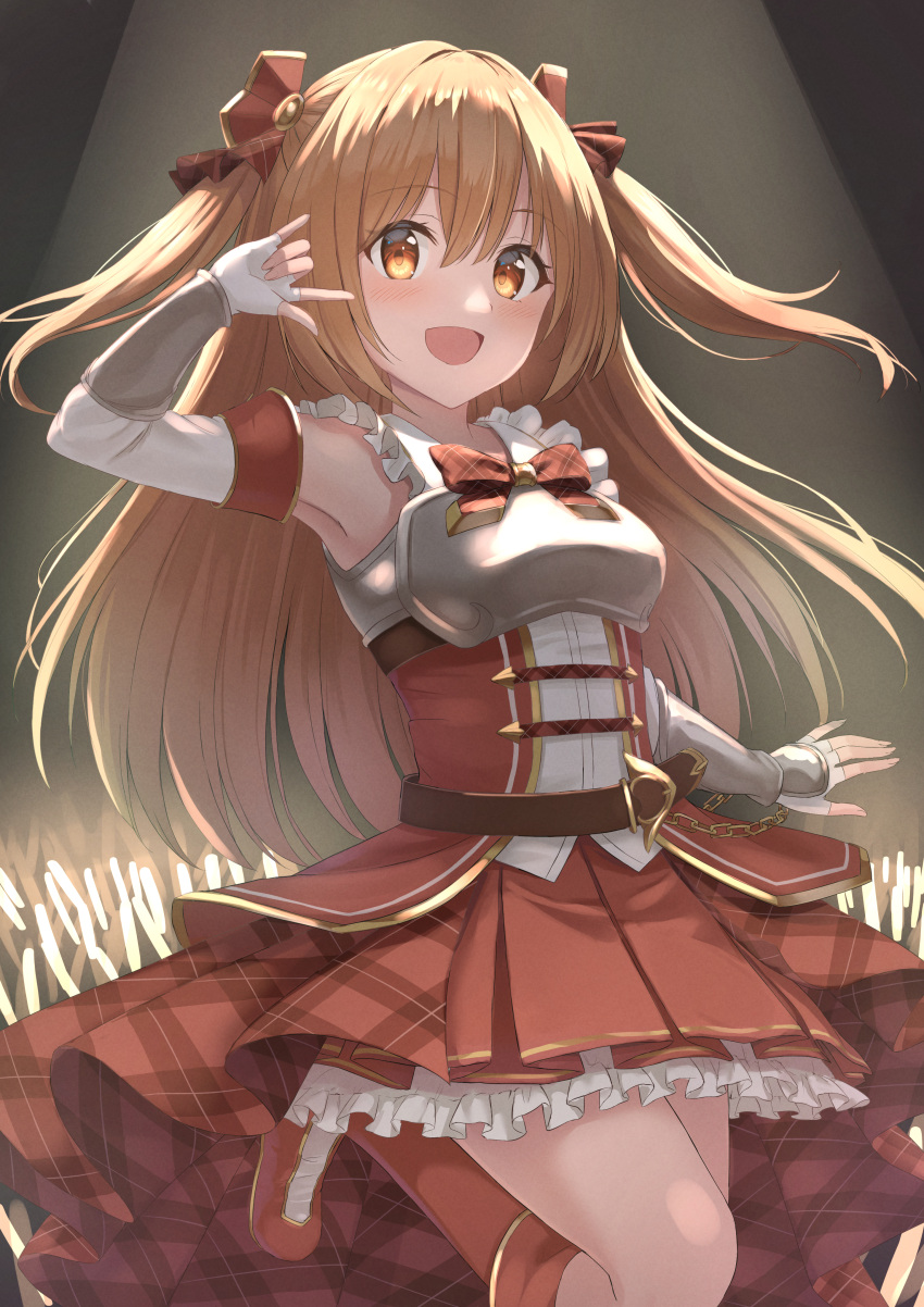 1girl, \m/, absurdres, blush, bow, breasts, brown_eyes, brown_hair, eyebrows_visible_through_hair, hair_ornament, highres, large_breasts, long_hair, looking_at_viewer, nozomi_(princess_connect!), open_mouth, princess_connect!, red_bow, ribbon, smile, twintails, two_side_up, yanazawa_ko