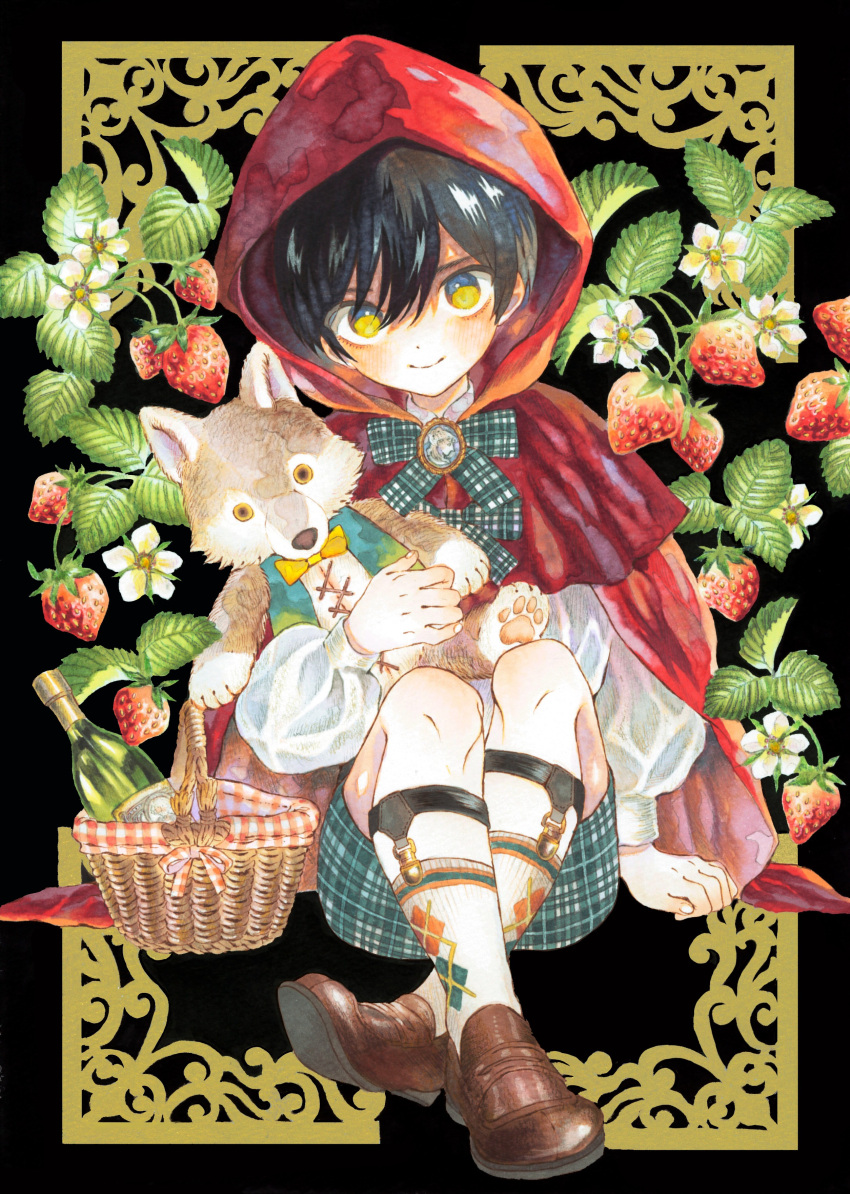 1boy, absurdres, basket, black_hair, food, fruit, highres, hood