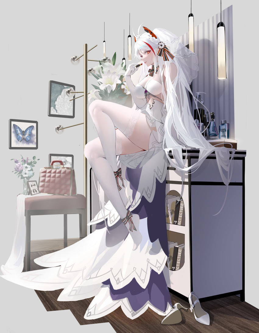 1girl, absurdres, antenna_hair, azur_lane, bangs, blue_butterfly, book, bottle