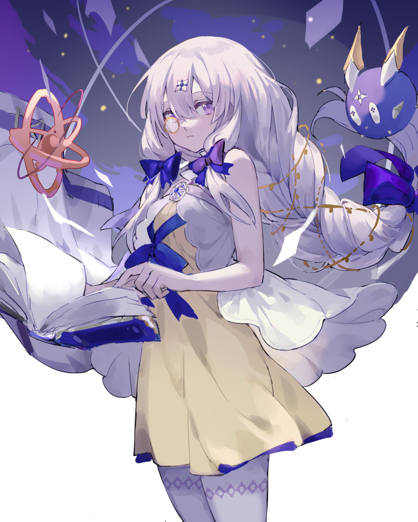 1girl, absurdres, arcaea, book, braid, highres, lagrange_(arcaea), looking_at_viewer, monocle, pale_skin, purple_hair, reading, sky, star_(sky), star_(symbol), starry_sky, user_wzhn7722, violet_eyes