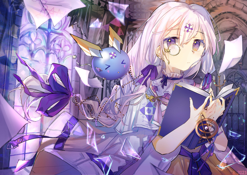 1girl, absurdres, arcaea, book, braid, frown, hair_ornament, hairclip, highres, lagrange_(arcaea), looking_to_the_side, monocle, pale_skin, purple_hair, reading, star_(symbol), user_nrdw3573, violet_eyes