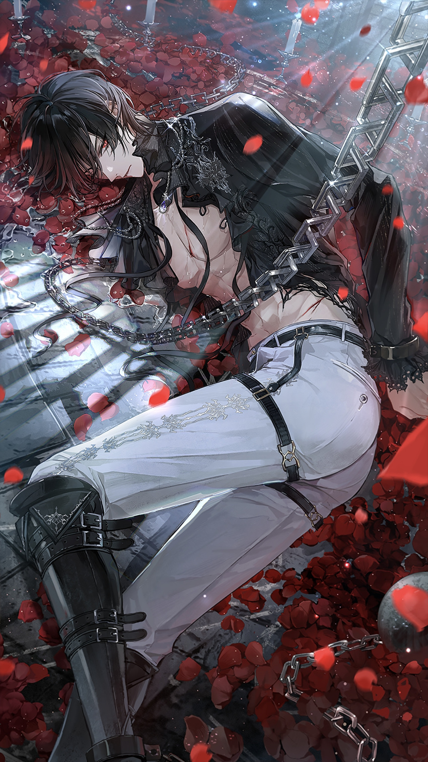 1boy, ayn, for_all_time, highres, lying, male_focus, red_eyes, short_hair