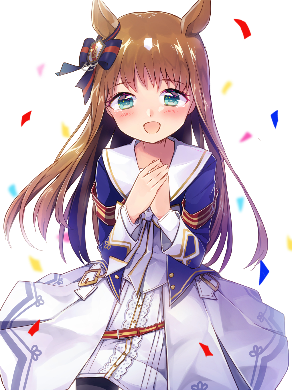 1girl, animal_ears, belt_buckle, black_legwear, blue_jacket, blush, bow, bowtie