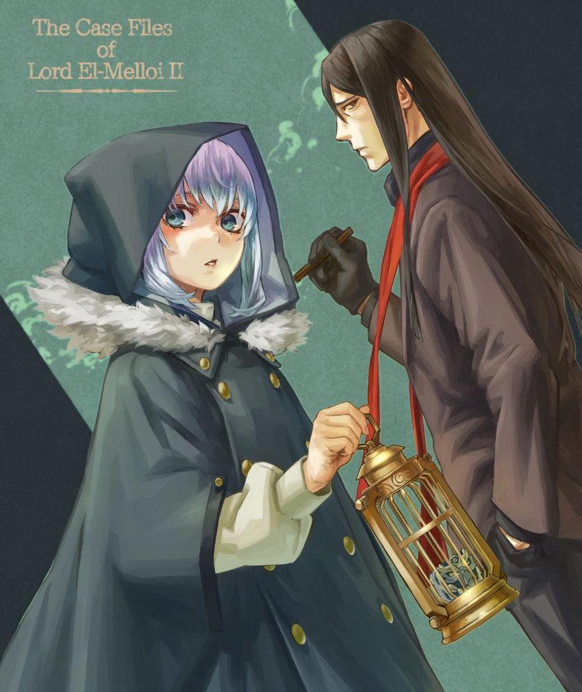 1boy, 1girl, absurdres, add_(fate), aqua_eyes, bangs, birdcage, black_cloak