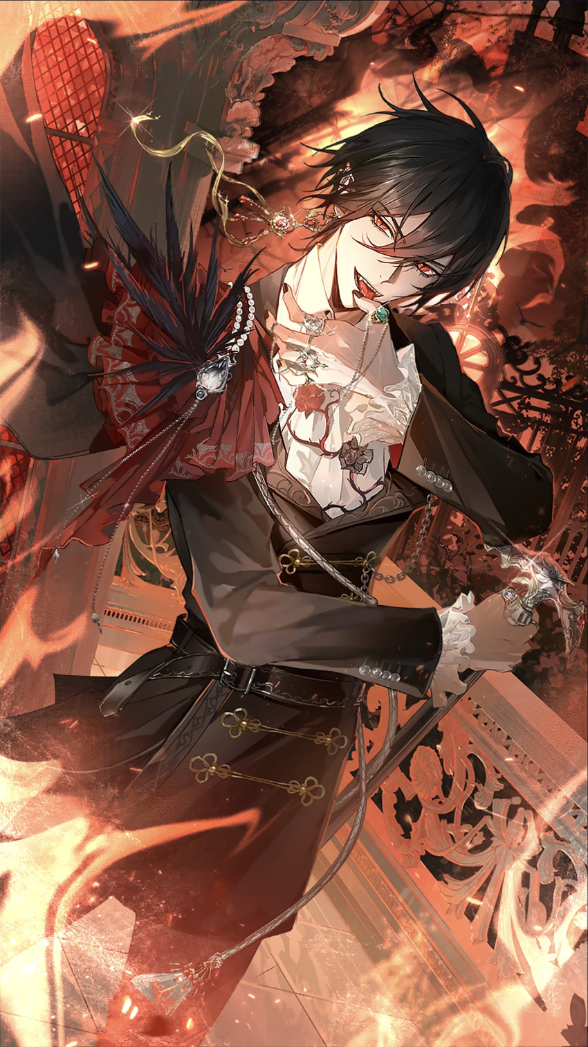 ayn, black_hair, black_skirt, cowboy_shot, fangs, fangs_out, for_all_time, frilled_sleeves