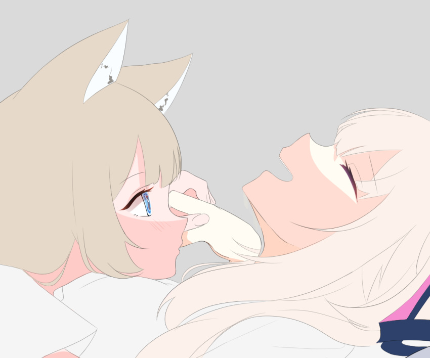 2girls, alien, alternate_hair_color, animal_ear_fluff, animal_ears, bangs, blonde_hair, blue_eyes, blush, closed_eyes, english_commentary, fox_ears, fox_girl, hair_ribbon, head_on_chest, hoshifuri_iku, laughing, light_brown_hair, long_hair, multiple_girls, prism_project, ribbon, simple_background, sketch, symbol-shaped_pupils, tokimori_aoi, two_side_up, virtual_youtuber, wetfloorrr, yuri