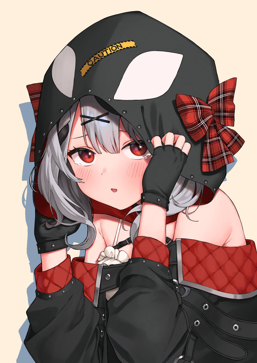 1girl, absurdres, bare_shoulders, black_gloves, black_hair, black_jacket, blush, braid
