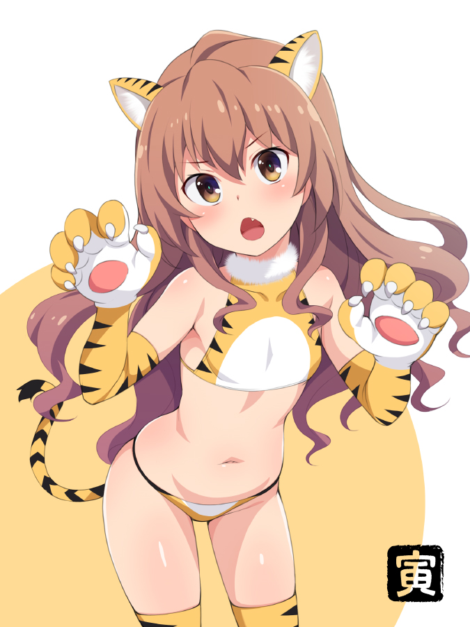 1girl, aisaka_taiga, animal_ears, animal_hands, animal_print, bikini, brown_eyes, brown_hair